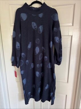 HaaT Issey Miyake Navy Blue Long Sleeve Polka Dot Wool Blend Sweater Dress NWT
